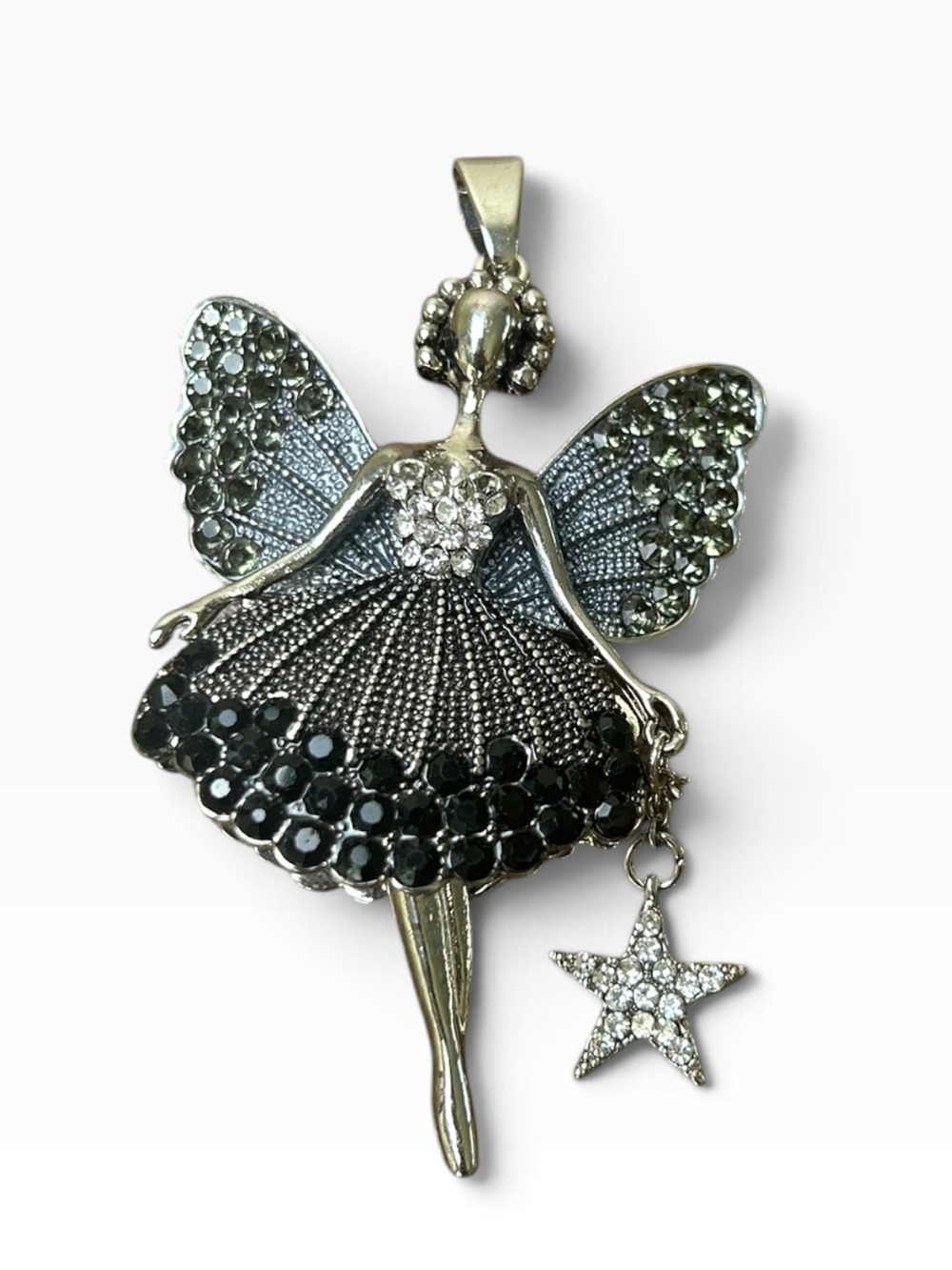 Articulated Black Rhinestone Fairy Angel Ballerina Star Pendant